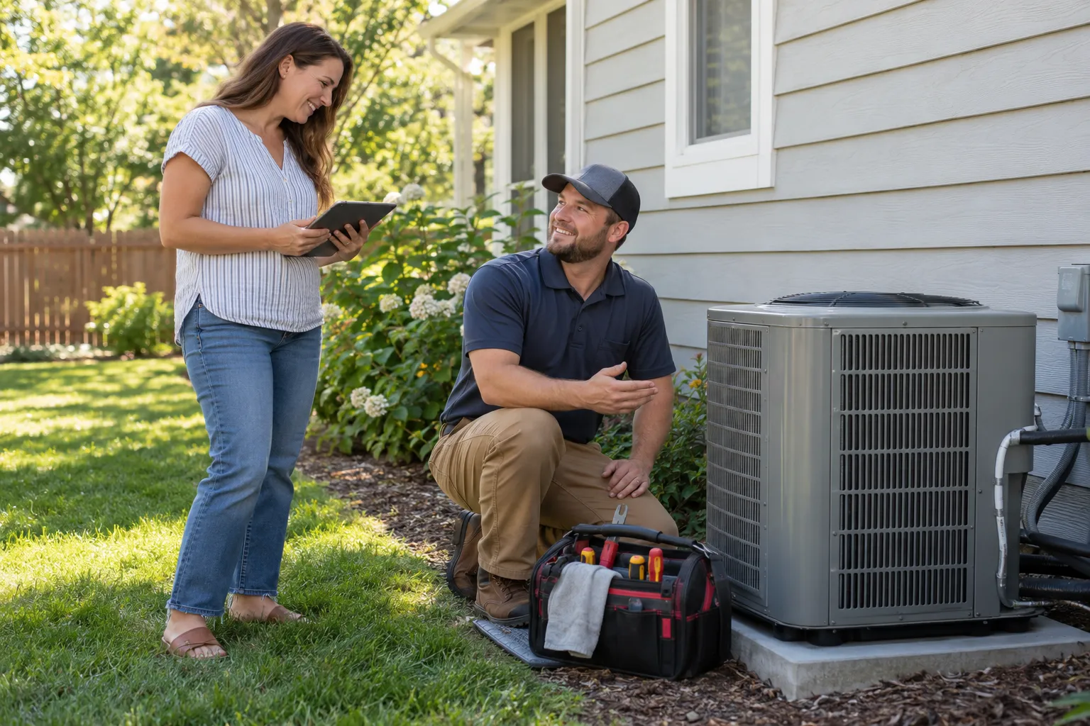 Friendly HVAC provider checking an outdoor air conditioner at a home in Cincinnati while a homeowner looks on