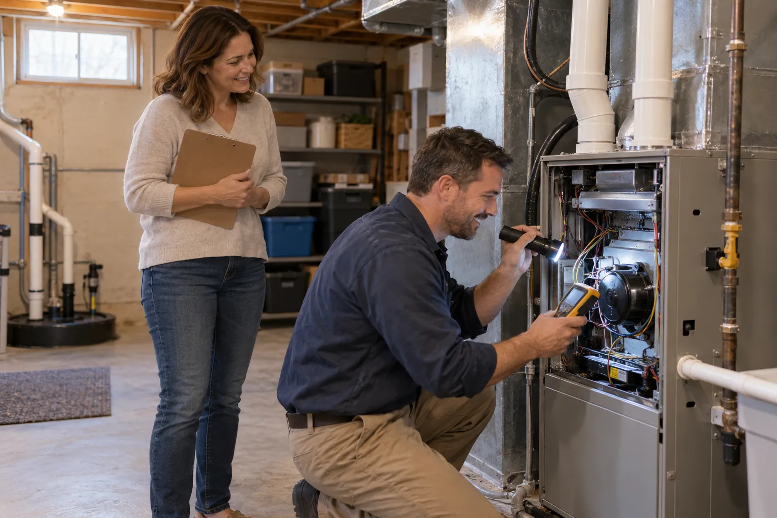 A friendly local provider inspecting a gas furnace in a basement in a home near Cincinnati
